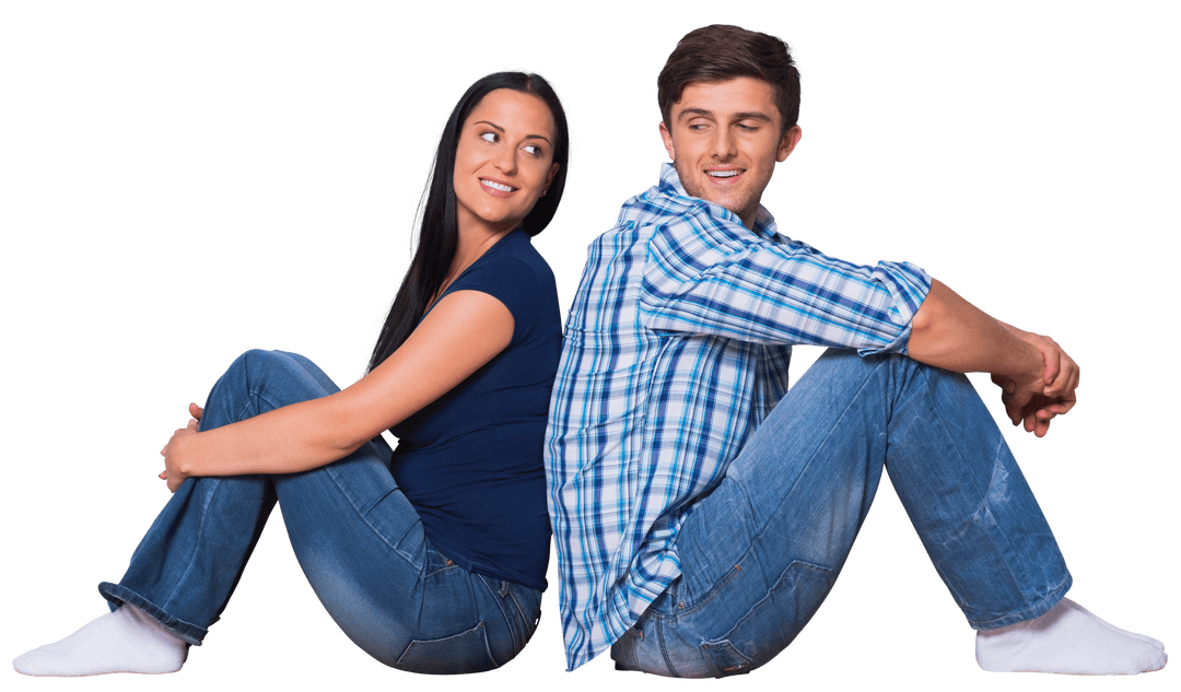Transparent Happy Caucasian Couple Sitting Back to Back in Casual Wear