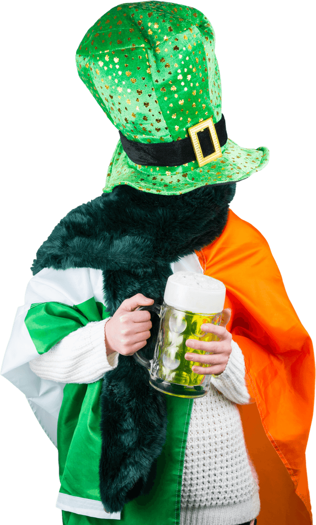 Saint Patrick's Enthusiast in Festive Attire and Transparent Green Drink