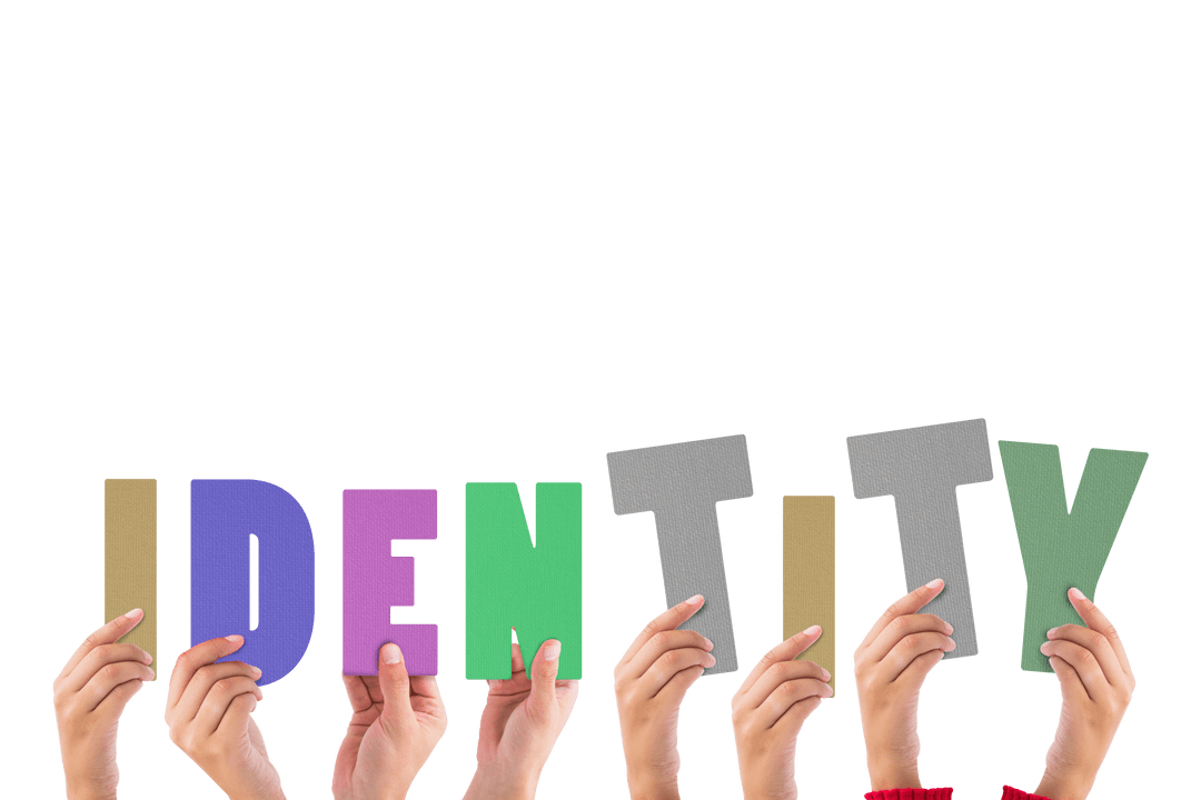 Colorful Hands Holding Identity Text on Transparent Background