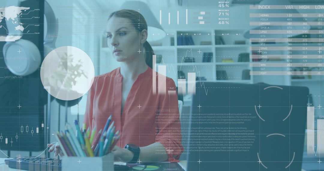 Focused Businesswoman Analyzing Digital Data at Computer Desk
