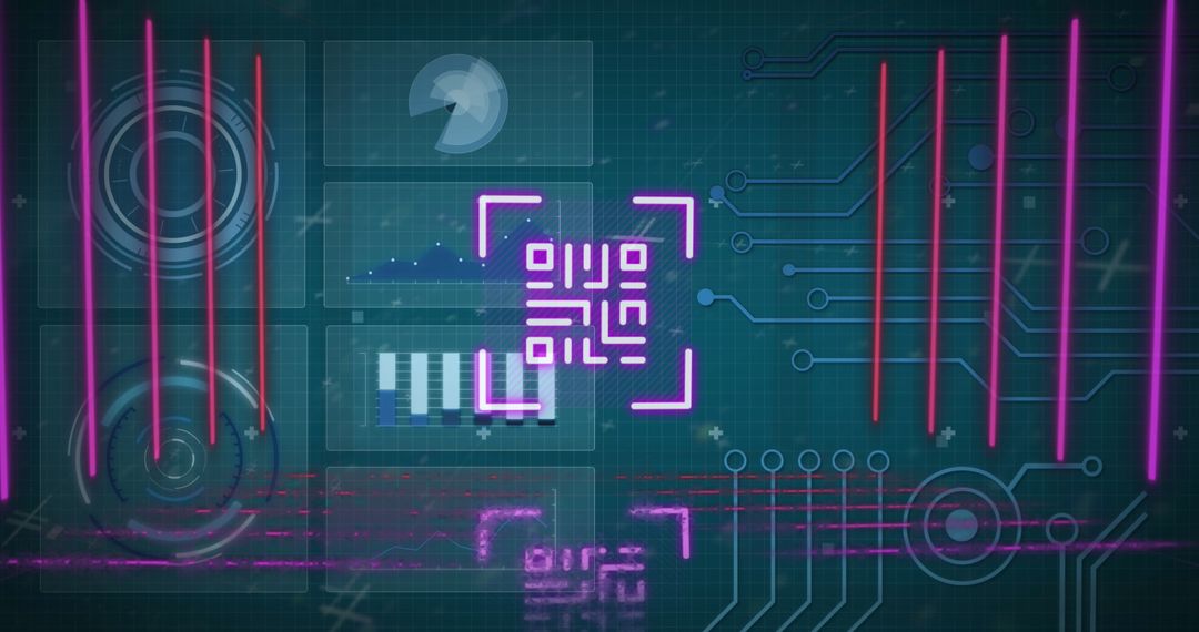 Futuristic Digital Interface with Neon QR Code and HUD Graphics