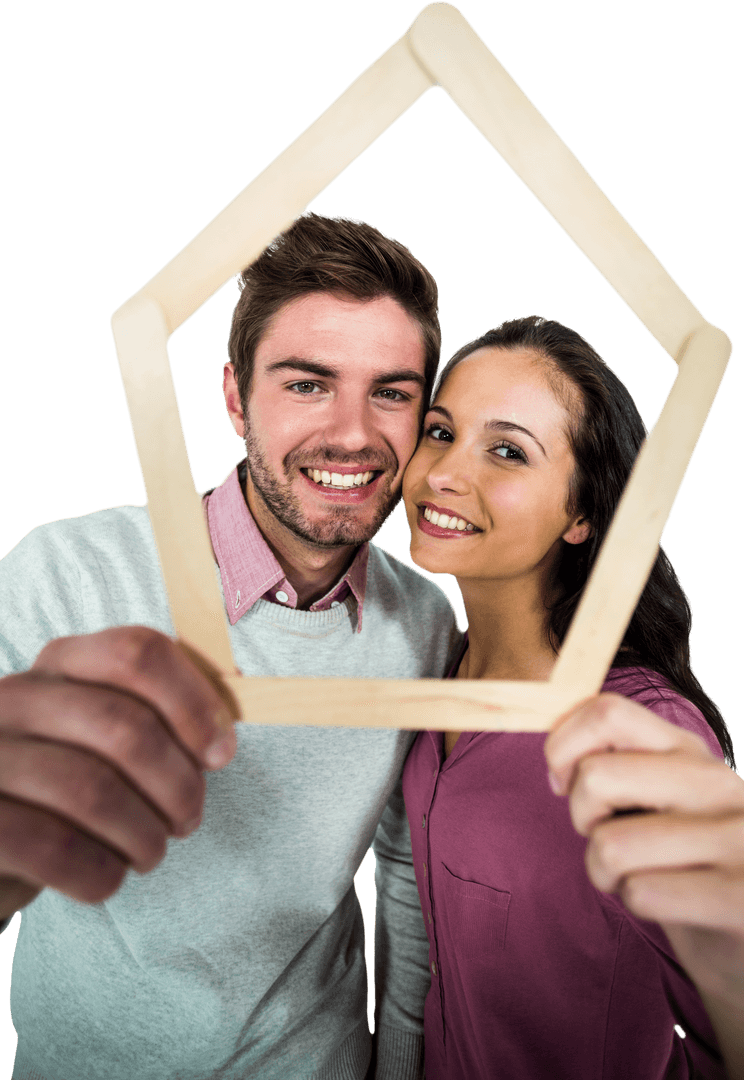 Smiling Transparent Couple Holding House Shape Photoframe