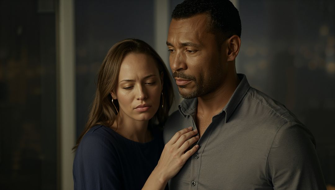 Intimate couple embracing at night by city window, moody urban romance portrait