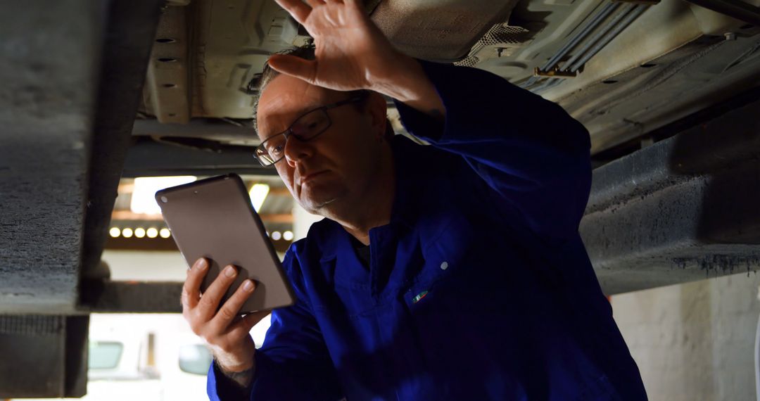 Mechanic Inspecting Undercarriage Using Tablet in Workshop - Free Images, Stock Photos and Pictures on Pikwizard.com