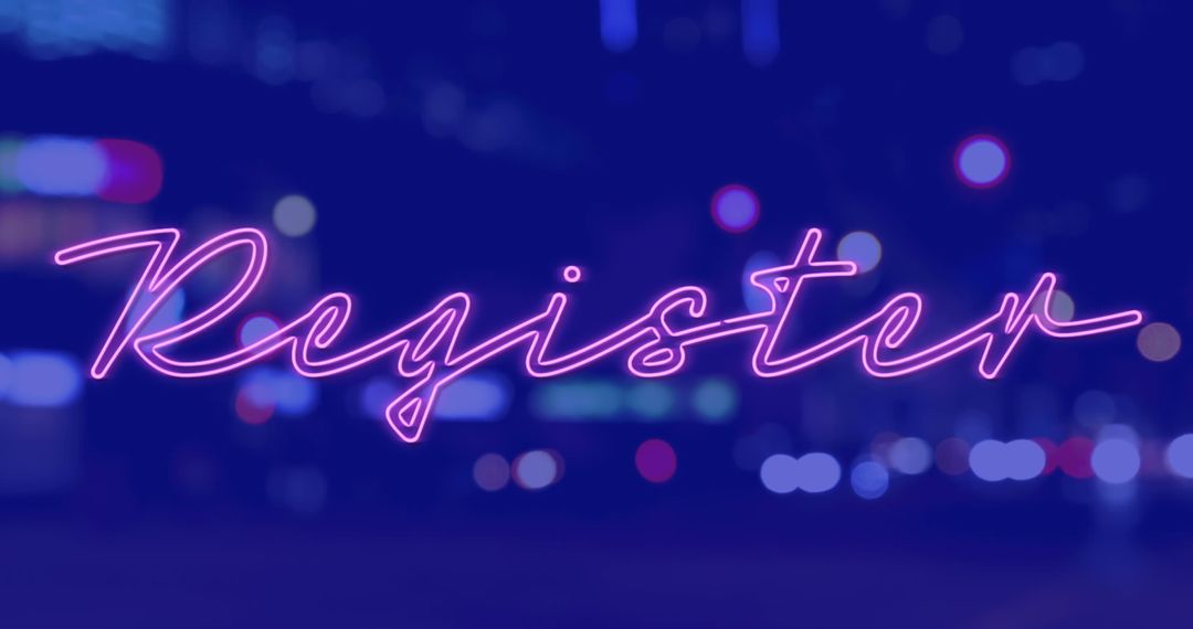 Neon Styled Register Text with Blurred Urban Background
