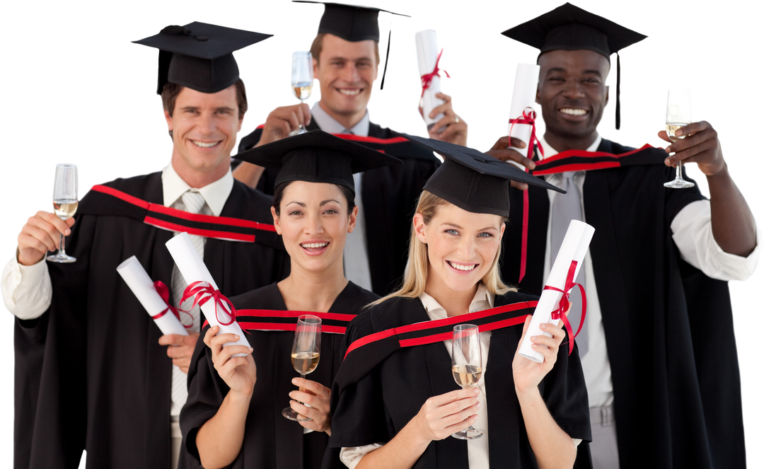 Transparent smiling students celebrating graduation with diplomas and champagne - Download Free Stock Images Pikwizard.com