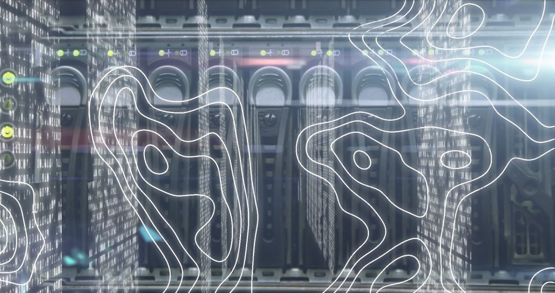 Futuristic Server Room with Digital Flow Overlay