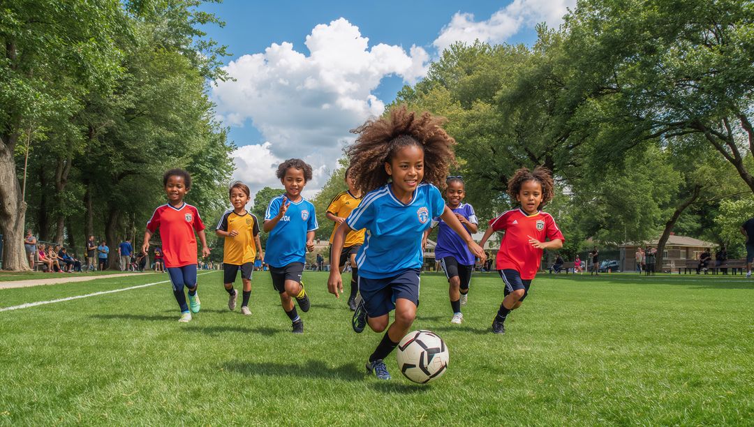 Youth Soccer Dribbling Sprinting Toward Foreground on Sunny Park Field, Teamwork