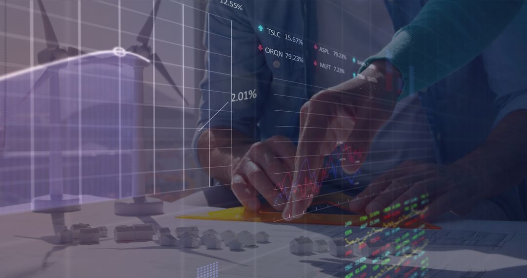 Engineers Working with Windmill Models and Stock Market Data