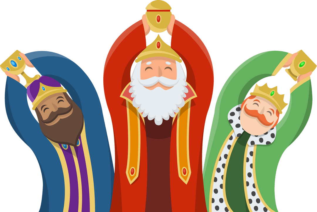 Three Cartoon Kings with Golden Chalices on Transparent Background