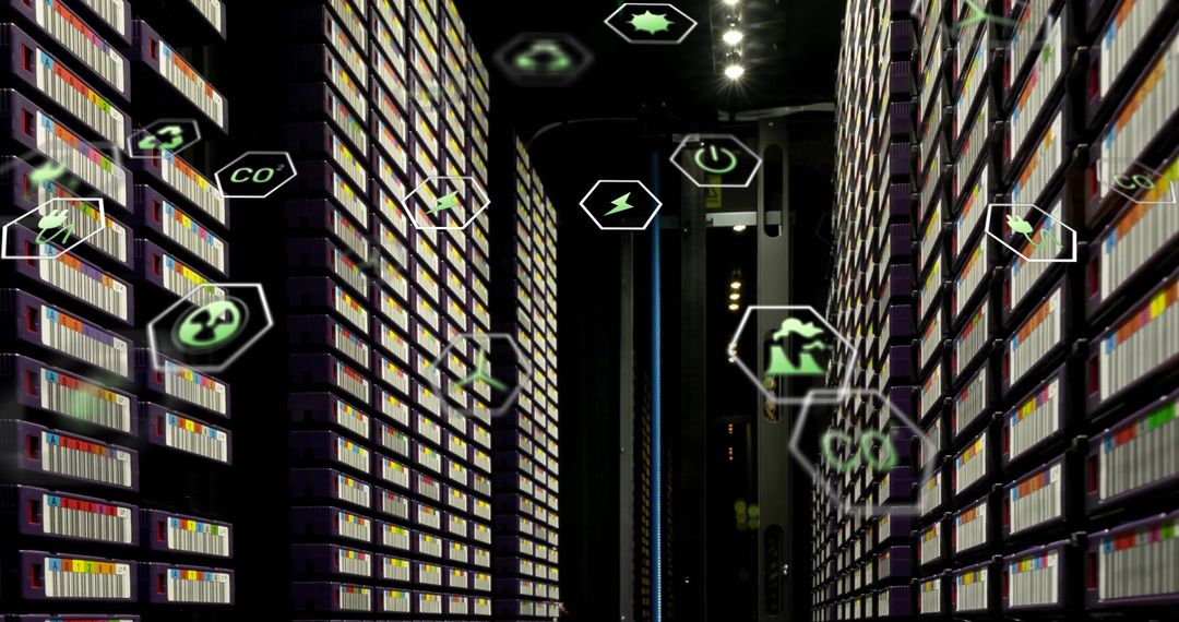 Ecology Icons Overlay in Modern Server Room Illuminated