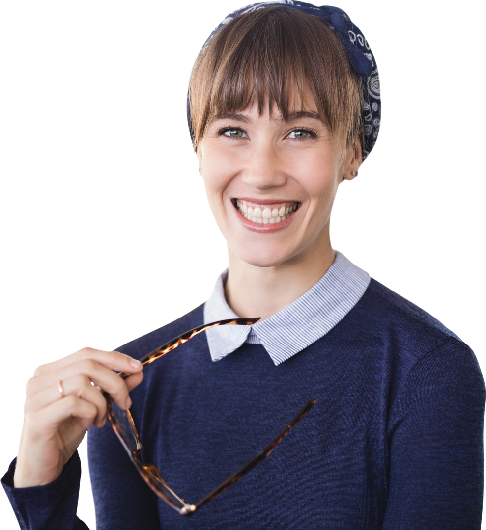 Transparent background portrait of happy woman holding eyeglasses wearing headband - Download Free Stock Images Pikwizard.com