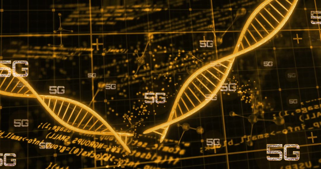 DNA Helix and 5G Concept with Digital Data Patterns