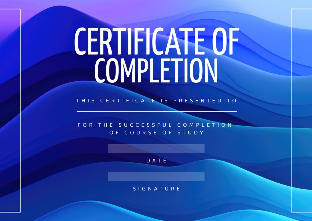 Modern Certificate of Completion with Abstract Blue Waves - Download Free Stock Templates Pikwizard.com