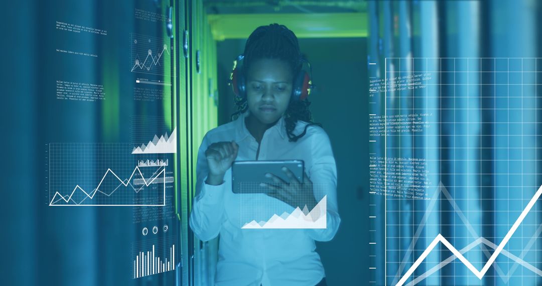 Female Engineer Analyzing Data on Tablet in Futuristic Server Room