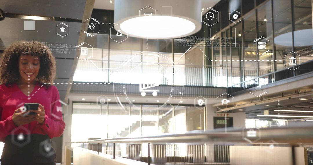 Businesswoman Engaging with Virtual Interface in Modern Office Building