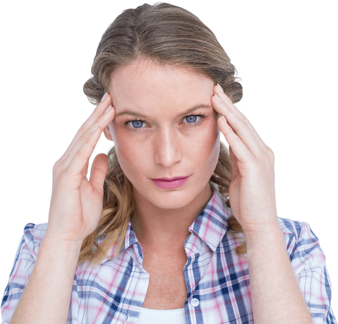 Caucasian Woman Touching Head in Despair On Transparent Background
