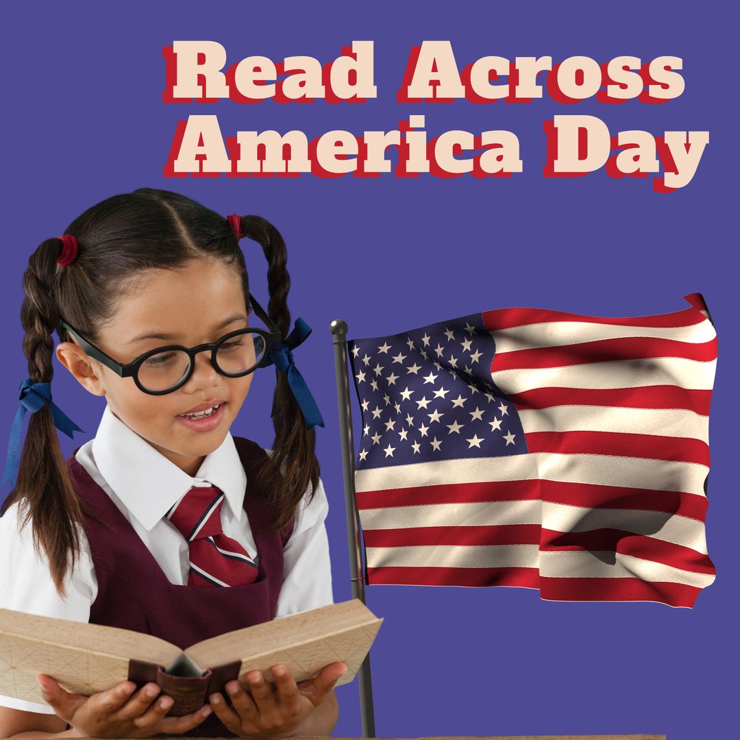 Read Across America Day with Enthusiastic Young Reader and Flag