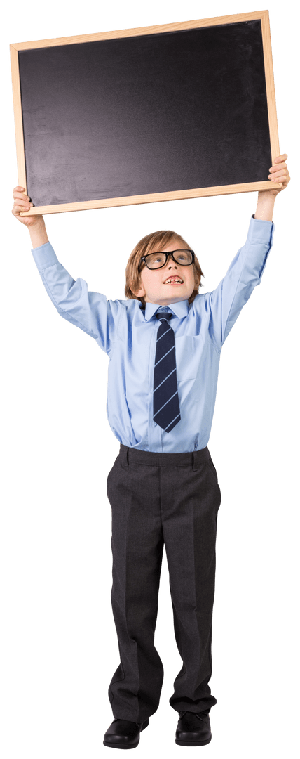 Cheerful Schoolboy Holding Blank Blackboard on Transparent Background