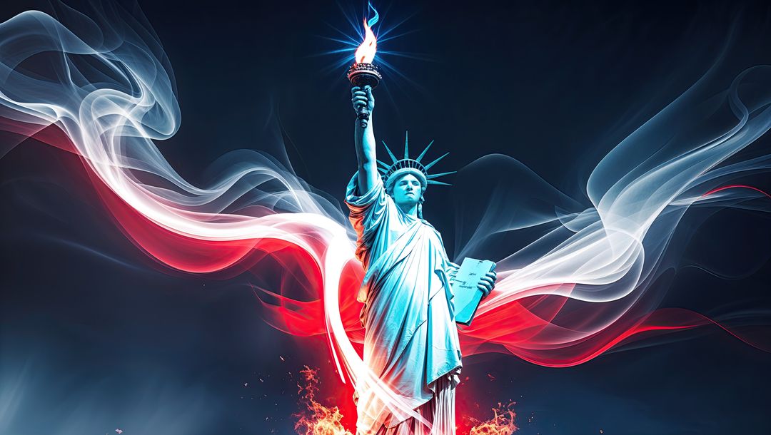 Statue of Liberty with Fiery Aura and Abstract Smoke