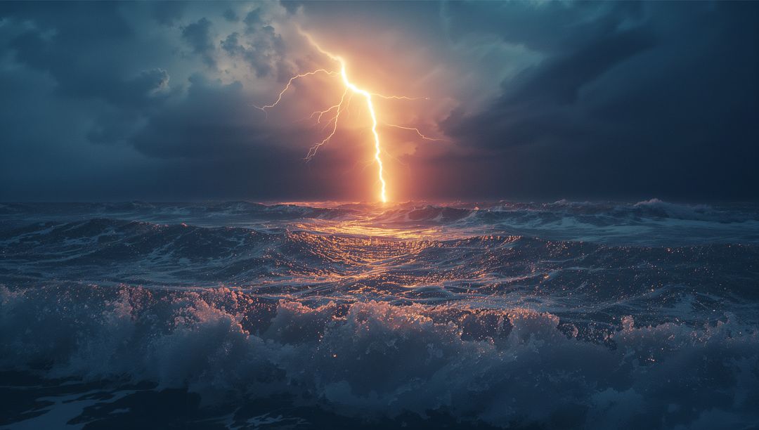 Dramatic Lightning Bolt with Churning Ocean Waves at Dusk