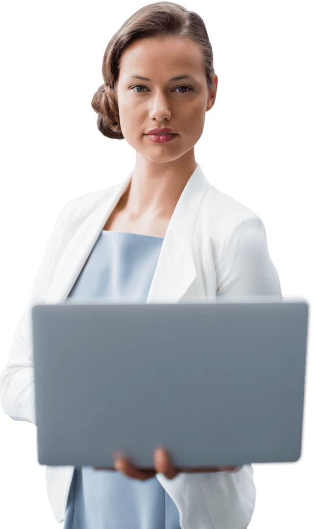 Transparent Business Professional Holding Laptop with Focused Expression