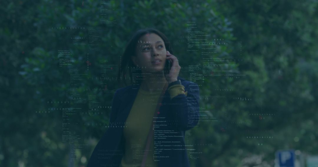 Professional woman walking and talking on smartphone with code overlay urban park backdrop