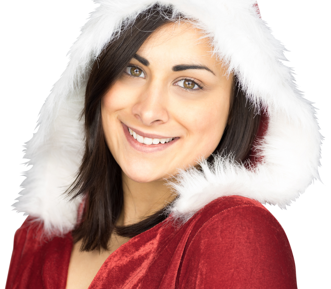 Smiling Woman in Festive Red Santa Outfit with Fluffy White Hood - Download Free Stock Images Pikwizard.com