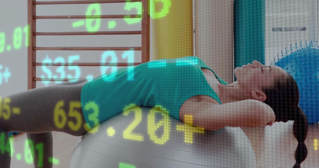 Woman Exercising with Stock Market Overlay Symbolizing Balance and Focus