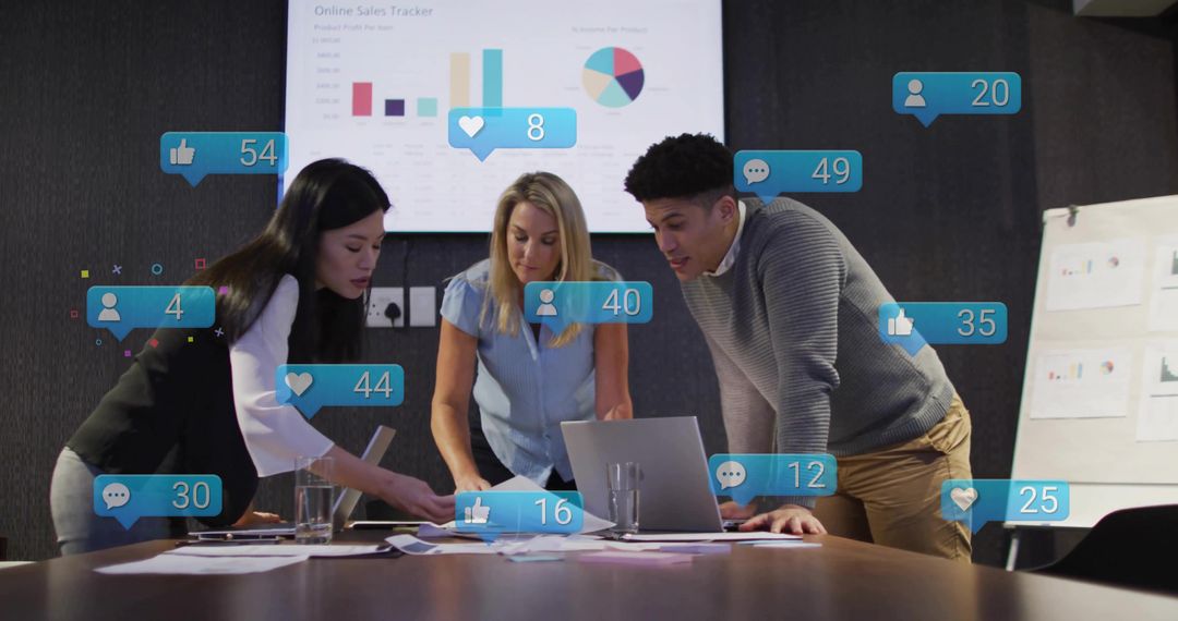 Collaborative Team Analyzing Sales Data with Social Media Insights