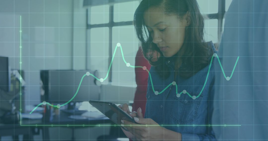 Businesswoman Analyzing Data on Tablet with Modern Interface