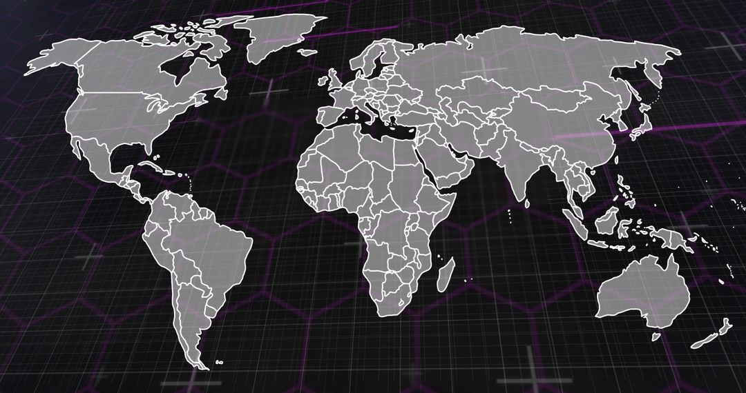 Tilted Futuristic Global Map Overlay Dark Grid Hexagonal Network Magenta Accents for Tech