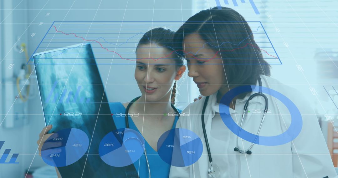 Medical Professionals Analyzing X-Ray with Digital Analytics Overlay
