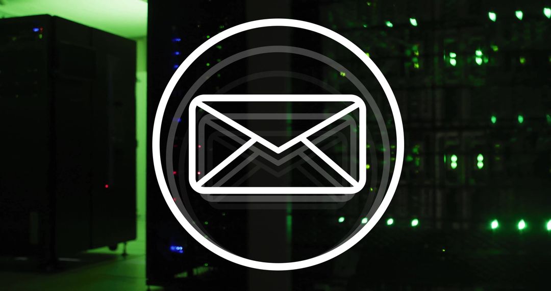 Email Icon over Digital Data Center Servers with Green Lights