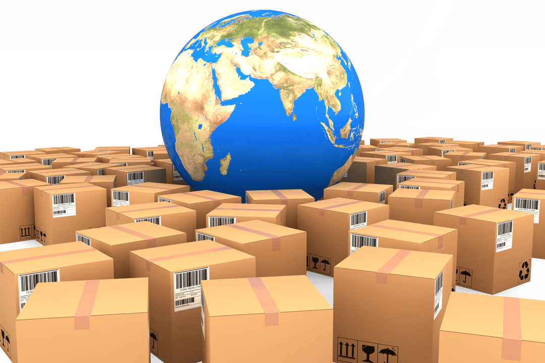 World Delivery Concept with Cardboard Boxes on Transparent Background