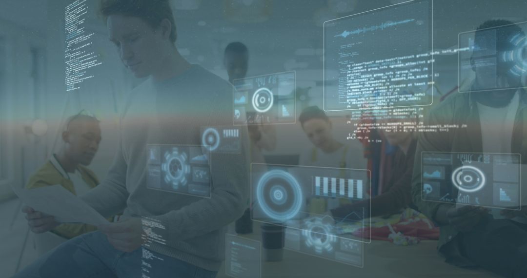 Diverse Business Team Analyzing Data with Digital Interfaces