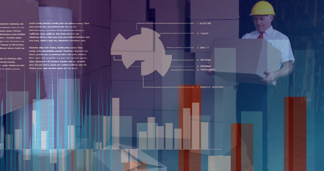 Senior Worker Carrying Boxes with Overlay of Financial Charts