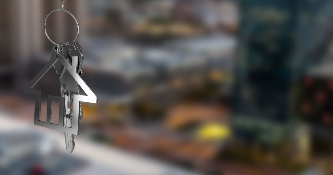 House Keys Dangling with Cityscape Backdrop Symbolizing New Home
