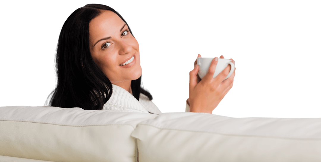 Woman Relaxing On Sofa With Coffee On Transparent Background