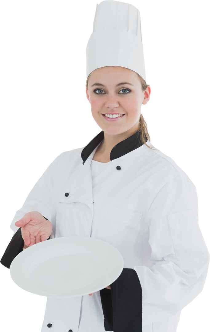 Female Chef in Uniform Presenting Transparent Plate with Smile - Download Free Stock Images Pikwizard.com