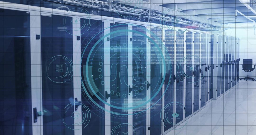 Futuristic Data Center with Digital Interface and Racks