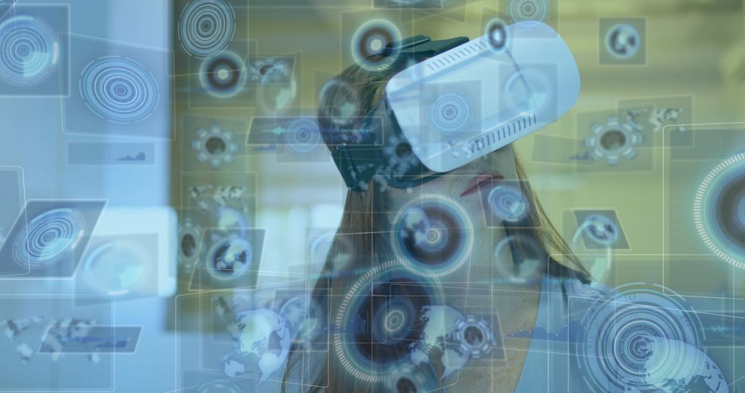 Woman in VR Headset with Digital Interface and Global Data Elements