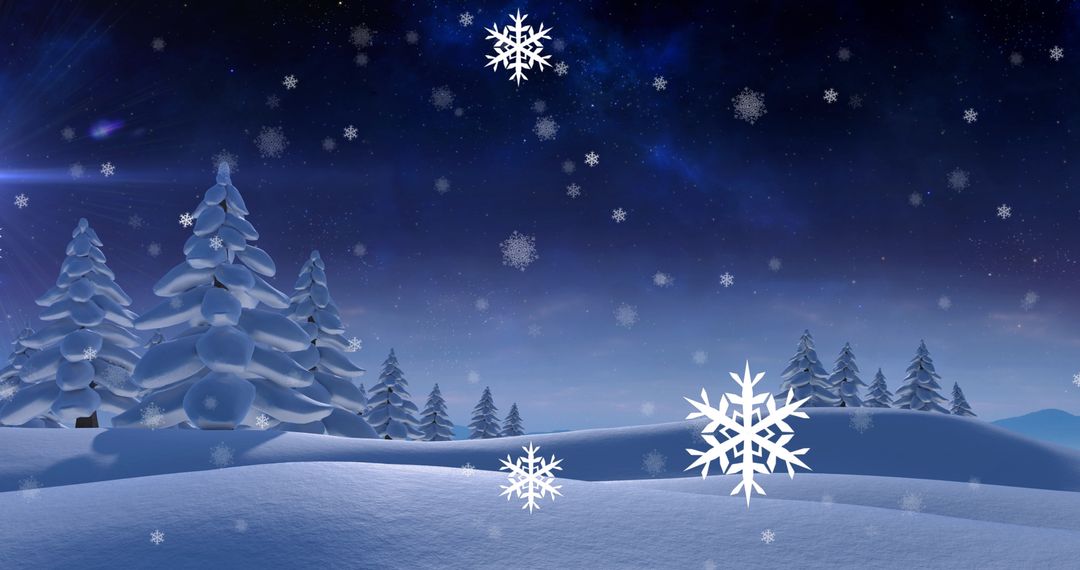 Winter Wonderland with Falling Snowflakes and Pine Trees at Night