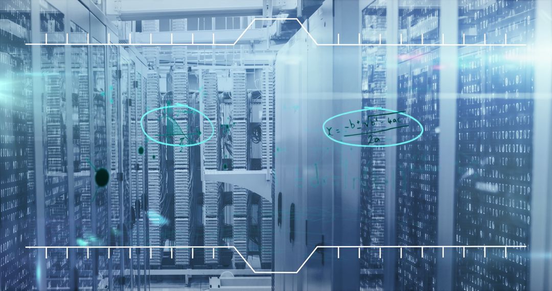 Advanced Mathematical Equation Overlay on Data Server Room