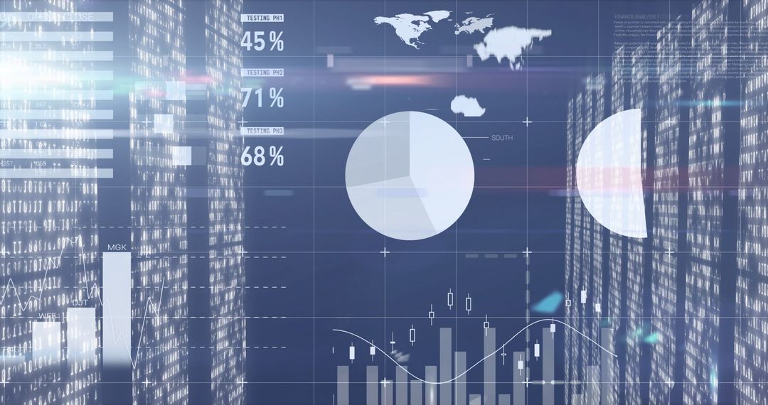 Futuristic Finance Dashboard with Graphs and World Map Icons