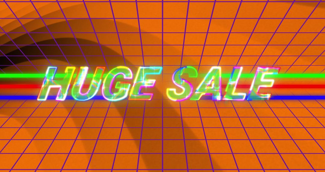 Glitch-Style Neon Text HUGE SALE on Orange Grid Background