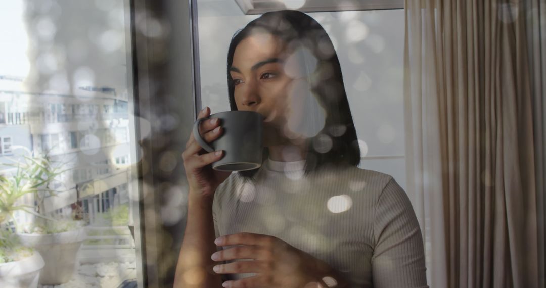 Contemplative Birch Mirror: Woman Enjoying Drink by Window