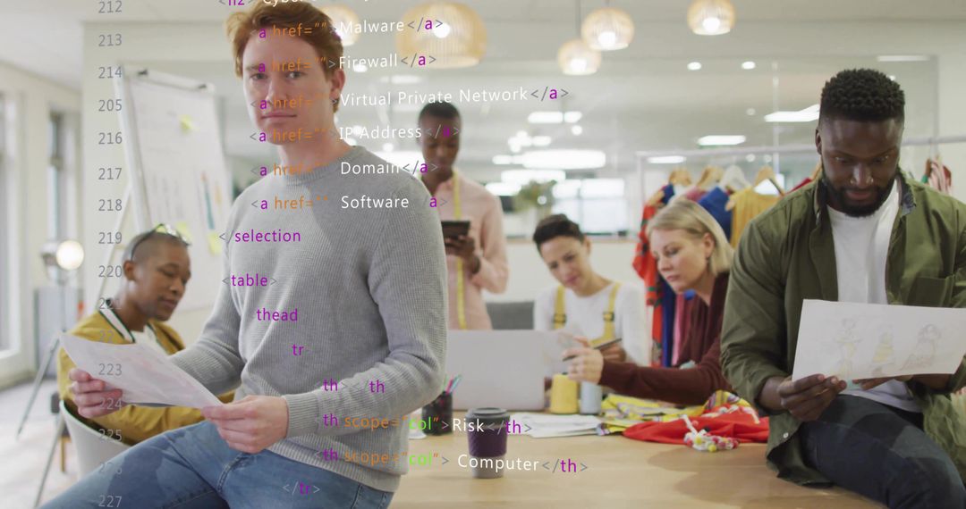 Creative team discussing printed sketches and reviewing fashion samples in design studio