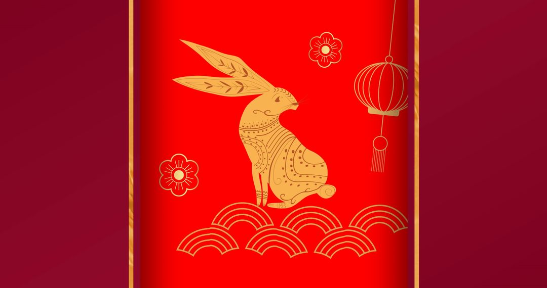 Chinese New Year Rabbit with Golden Patterns on Red
