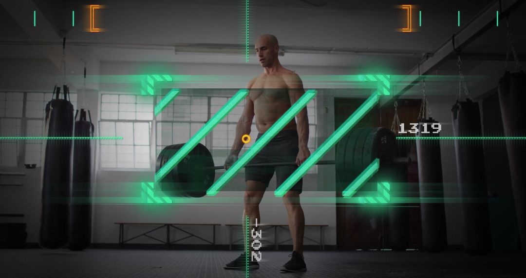 Shirtless Man Preparing Deadlift with AR Overlay in Gym